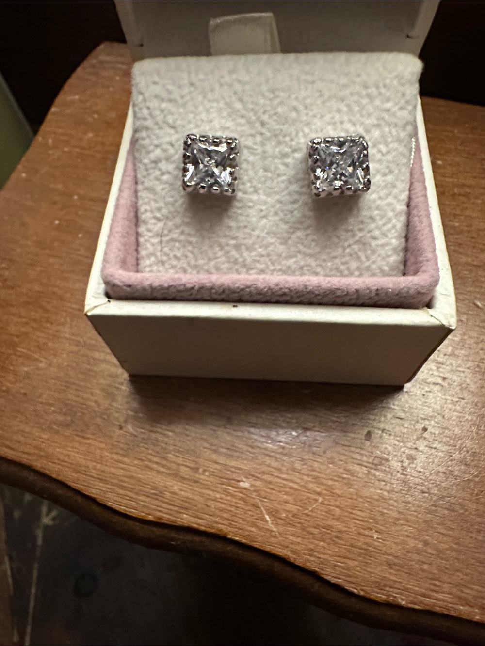 Square CZ Stud Earrings in Silver-Tone Setting - White
